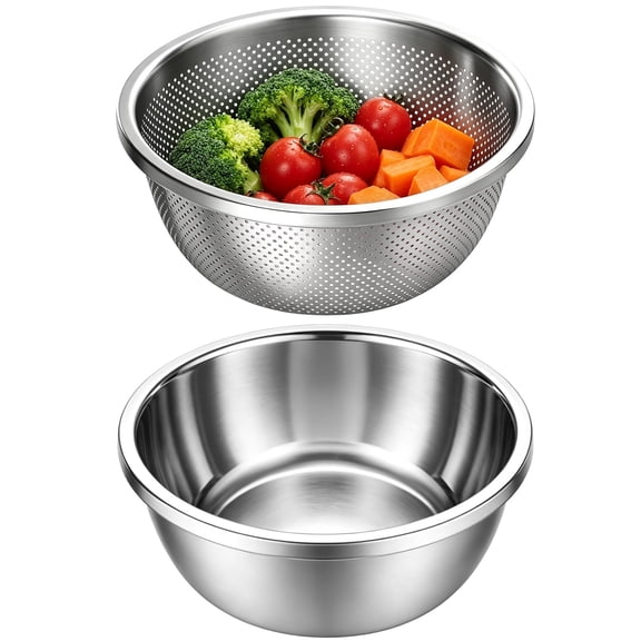 Stainless Steel Colander & Bowl Nesting Set Thickened Metal Strainer with Fine Drain Holes, 12.5" Mixing Bowl, for Washing Vegetables, Draining Pasta, Rice & Fruit, SpaceSaving Kitchen Essential