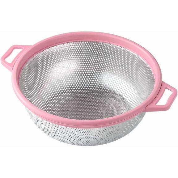 Stainless Steel Colander With Handle and Legs, Large Metal Pink Strainer for Pasta, Spaghetti, Berry, Veggies, Fruits, Noodles, Salads, 5-quart 10.5” Kitchen Mesh Colander, Dishwasher Safe