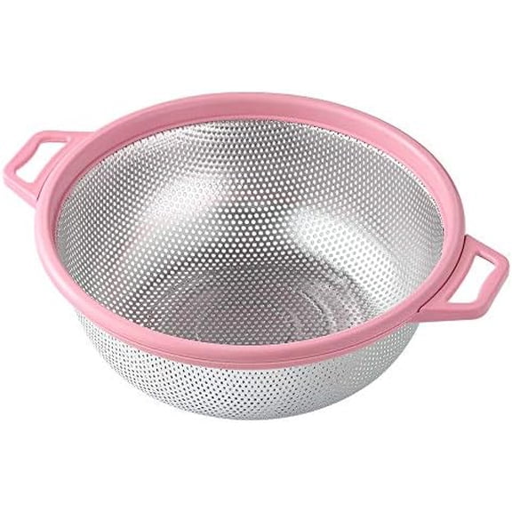 Stainless Steel Colander With Handle and Legs, Large Metal Pink Strainer for Pasta, Spaghetti, Berry, Veggies, Fruits, Noodles, Salads, 5-quart 10.5” Kitchen Mesh Colander, Dishwasher Safe