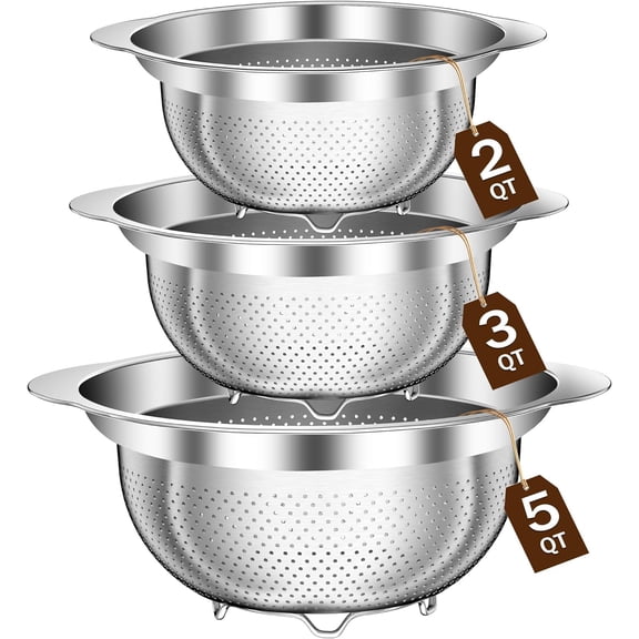 Stainless Steel Colander for Kitchen, Stainless Steel Strainer, Pasta Strainer for Spaghetti Fruit Cooking Food, 3 Pcs Strainers and Colanders(2QT, 3QT, 5QT), Dishwasher Safe, Kitchen Present