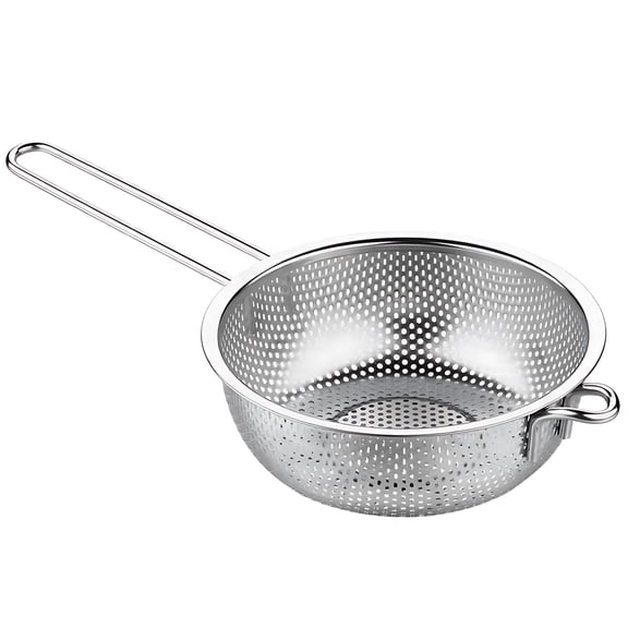 Stainless Steel Colander with Long Handle, 8.9 in Dia Micro-Perforated Strainer, Fine Mesh Sieve for Draining Pasta, Food, Veggies, Anti-Scald, Rustproof, Easy Clean