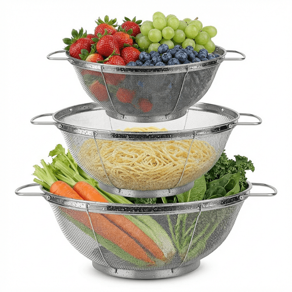 Stainless Steel Colander, Mesh Food Strainer with Handle, Kitchen Strainers Colanders Set for Pasta, Fruit, Vegetable (3 Pack)