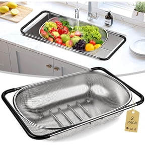 Stainless Steel Colander Set of 2, 6Qt and 8Qt Over the Sink Colander Large Capacity Strainer Basket with Extendable Rubber Grip Handles Home Kitchen Essentials