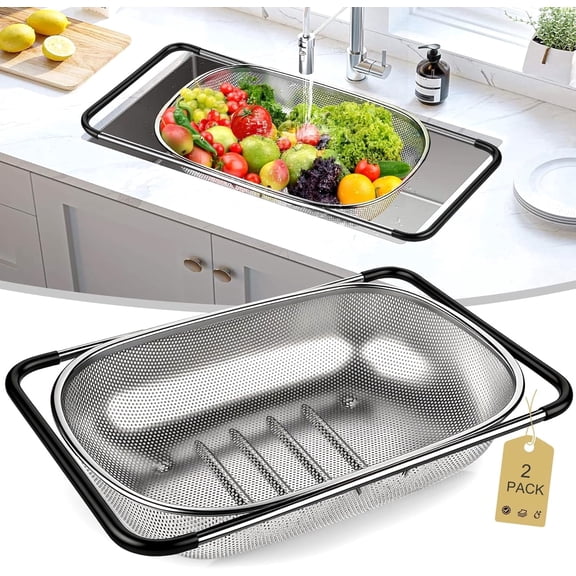 Stainless Steel Colander Set of 2, 6Qt and 8Qt Over the Sink Colander Large Capacity Strainer Basket with Extendable Rubber Grip Handles Home Kitchen Essentials