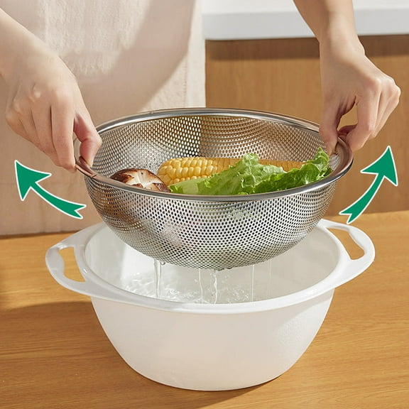Stainless Steel Colander Set of 2 | Fine Mesh Strainer Baskets for Kitchen | Rice Washer & Pasta Drainer | Durable Rust-Resistant | 19x19x8cm | Home Cooking Accessory | Easy Clean | Silver