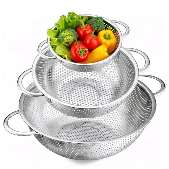GPED Stainless Steel Colander Set of 3 (1/3/5 Quart) – Micro Perforated Metal Colander Strainer with Handles for Kitchen Draining/Rinsing/Washing, Heavy-Duty & Dishwasher Safe