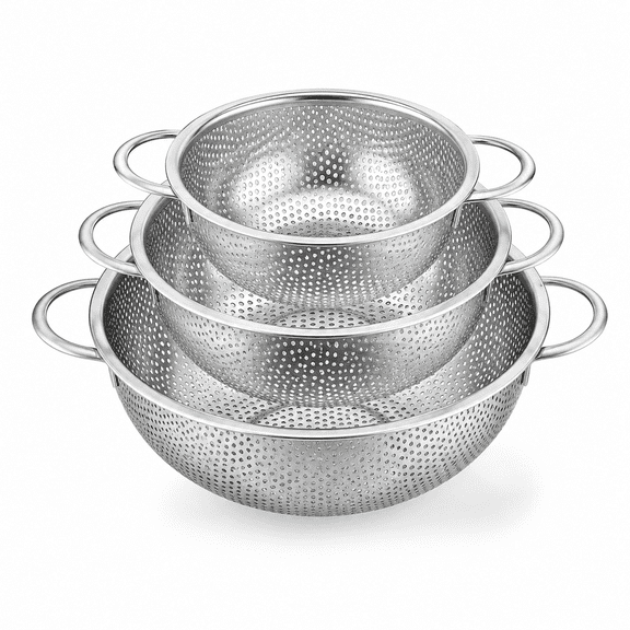 Stainless Steel Colander Set of 3 (1-3-5Quart), Micro-Perforated Metal Colander Strainer with Handle for Kitchen/Draining Pasta/Rinsing Vegetables Fruits, Heavy Duty & Dishwasher Safe