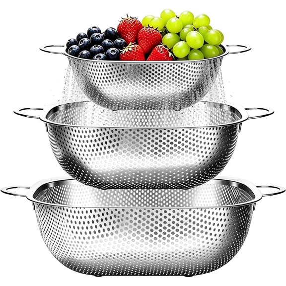 Stainless Steel Colander Set of 3-2.4/4 / 6 Qt, Square Colanders for Kitchen, Pasta Strainer for Washing Draining Rinsing Spaghetti Fruit , Dishwasher Safe &