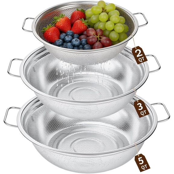 Stainless Steel Colander Set of 3 - Micro-Perforated Metal Strainer for Draining Pasta, Washing Rice & Rinsing Vegetables - Heavy Duty & Dishwasher Safe Kitchen Colanders - 2, 3, 5 Quart