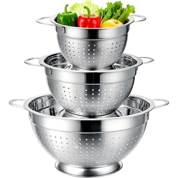 Stainless Steel Colander Set of 3, Nesting Metal Strainers with Handles and Raised Base, 7/8.7/11 Inch Kitchen Colanders for Pasta, Vegetables, Fruit, Rice, Salad and Meal Prep