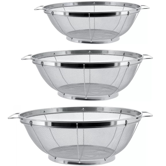 Stainless Steel Colander Set 3-Pack, 18/8 Rustproof Fine Mesh Strainers with Resting Base for Draining Pasta, Rinsing Produce & Steaming Veggies