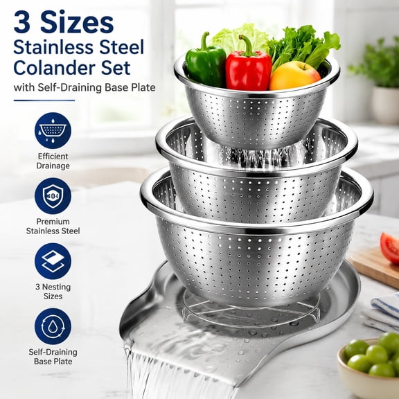 Stainless Steel Colander Set with Self-Draining Base, 3 Sizes Food Strainers for Pasta, Rice, Fruits & Vegetables, Durable Metal Strainer for Sink or Countertop