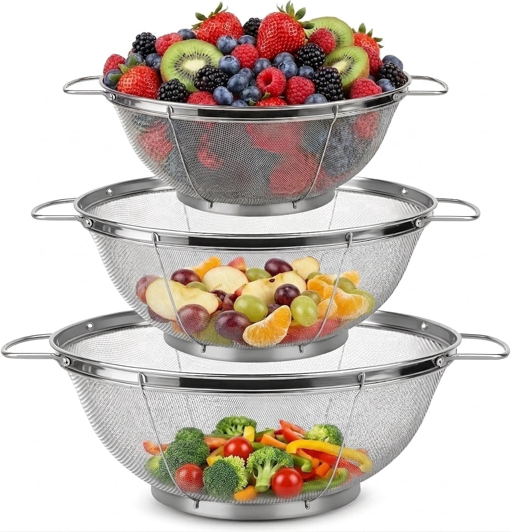 Stainless Steel Colander Set, Mesh Colander and Strainer Set, Large Stainless Strainer Metal Colander with Handles for Kitchen Washing and Straining, 3 Pack