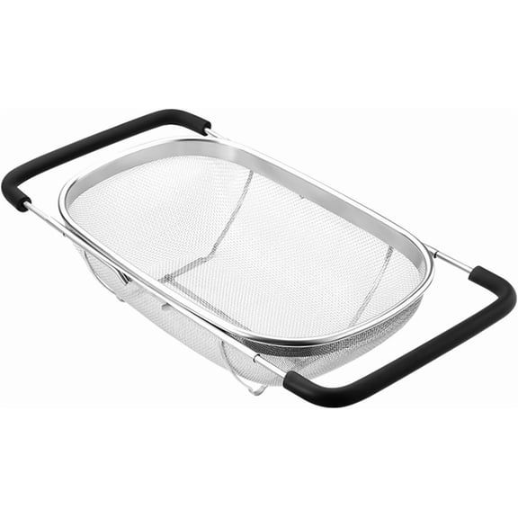 Stainless Steel Colander Strainer - 6-Quart Collapsible Colander with Expandable Rubber Handles - Rectangular Sieve, Fine Mesh Stainless Steel Strainers and Colanders for Kitchen