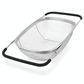 PLERISE Collapsible Stainless Steel Rectangular Colander, 6 Quart Fine Mesh Strainer with Expandable Rubber Handles, 1 Pack