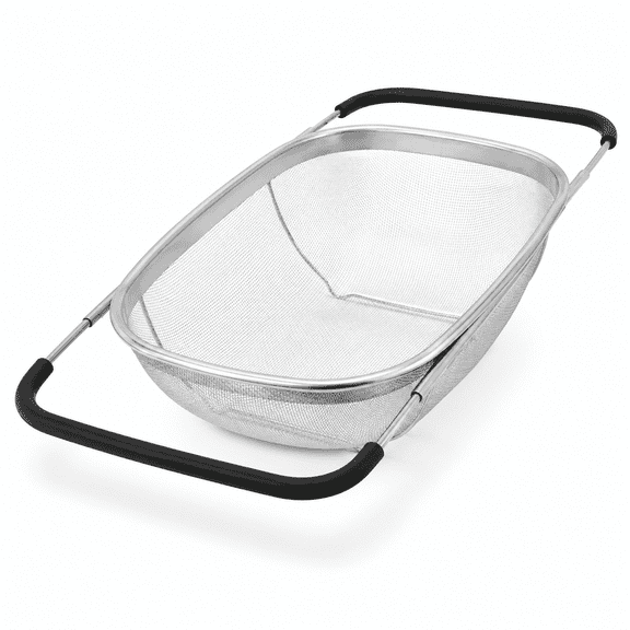 PLERISE Collapsible Stainless Steel Rectangular Colander, 6 Quart Fine Mesh Strainer with Expandable Rubber Handles, 1 Pack