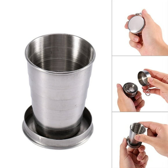 Stainless Steel Collapsible Cup with Keychain Portable Folding Cup for Camping Travel Outdoor Hiking 240ml (L)