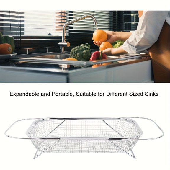 Stainless Steel Collapsible Expandable Kitchen Sink Basket, Telescopic Dish Drainer with Drain Holes, Space-Saving Storage for Fruits Vegetables Rice Pasta