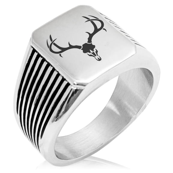 Tioneer Stainless Steel Colossal Antlers Needle Stripe Pattern Biker Style Polished Ring