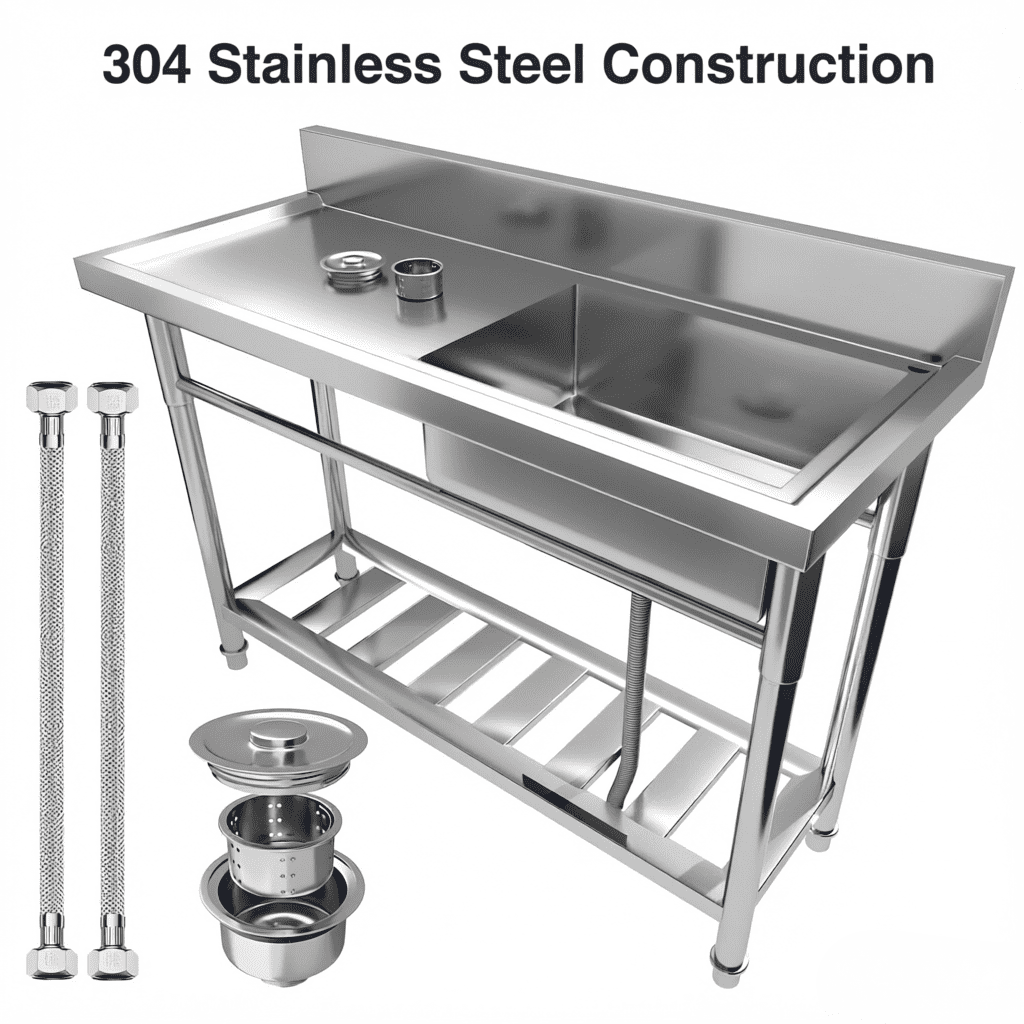 Stainless Steel Commercial Kitchen Sink, Free Standing Stainless-Steel Single Sink with Cold & Hot Water Faucet, Utility Sink for Restaurant & Home Kitchen