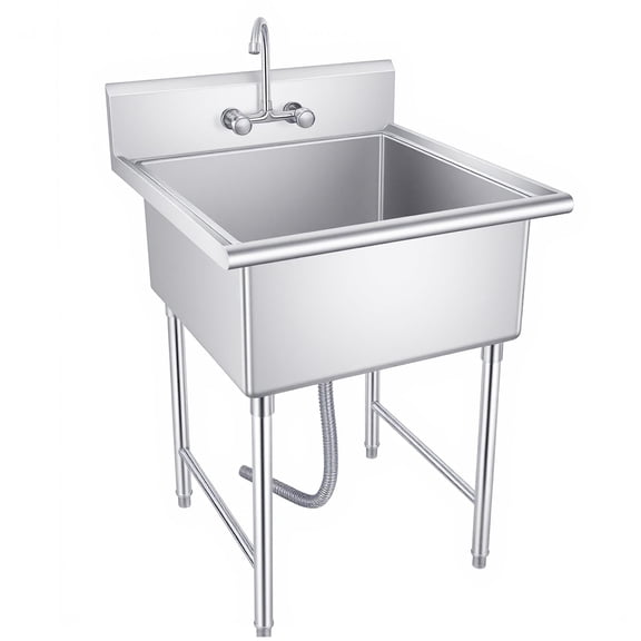 Stainless Steel Commercial Kitchen Sink, Heavy Duty Indoor and Outdoor Sink with Cold and Hot Water Pipe and Faucet, Stainless Steel Prep & Utility Sink for Hotel Canteen
