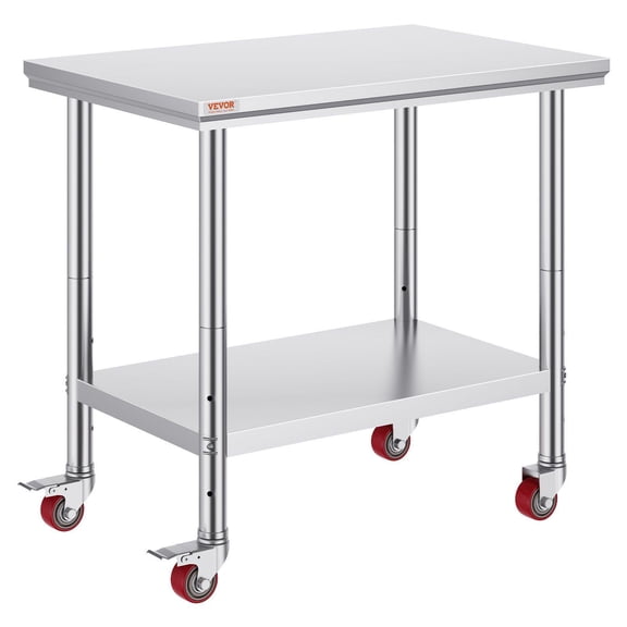 Stainless Steel Commercial Kitchen Work Table 35x24x33 Inch 700 LBS Load Capacity Heavy Duty Food Prep Worktable with 4 Wheels 3 Adjustable Height Levels Silver
