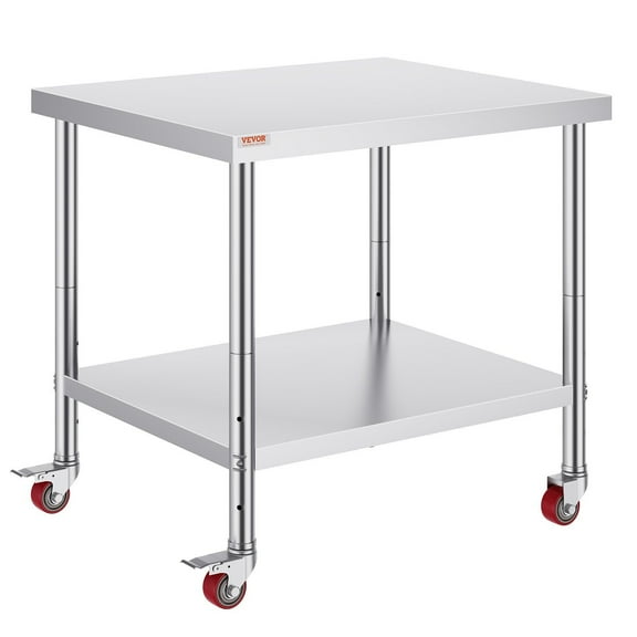 Stainless Steel Commercial Kitchen Work Table 36x30x34 Inch 700 LBS Load Capacity Heavy Duty Food Prep Worktable with 4 Wheels 3 Adjustable Height Levels Silver