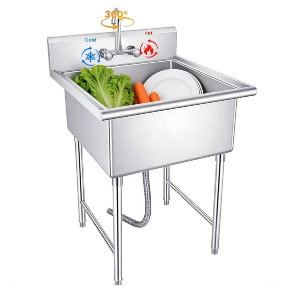 Stainless Steel Commercial Sink with Cold and Hot Water Pipe and Faucet, Heavy Duty Free-Standing Commercial Sink, Single Bowl Sink Basin for Catering Kitchen