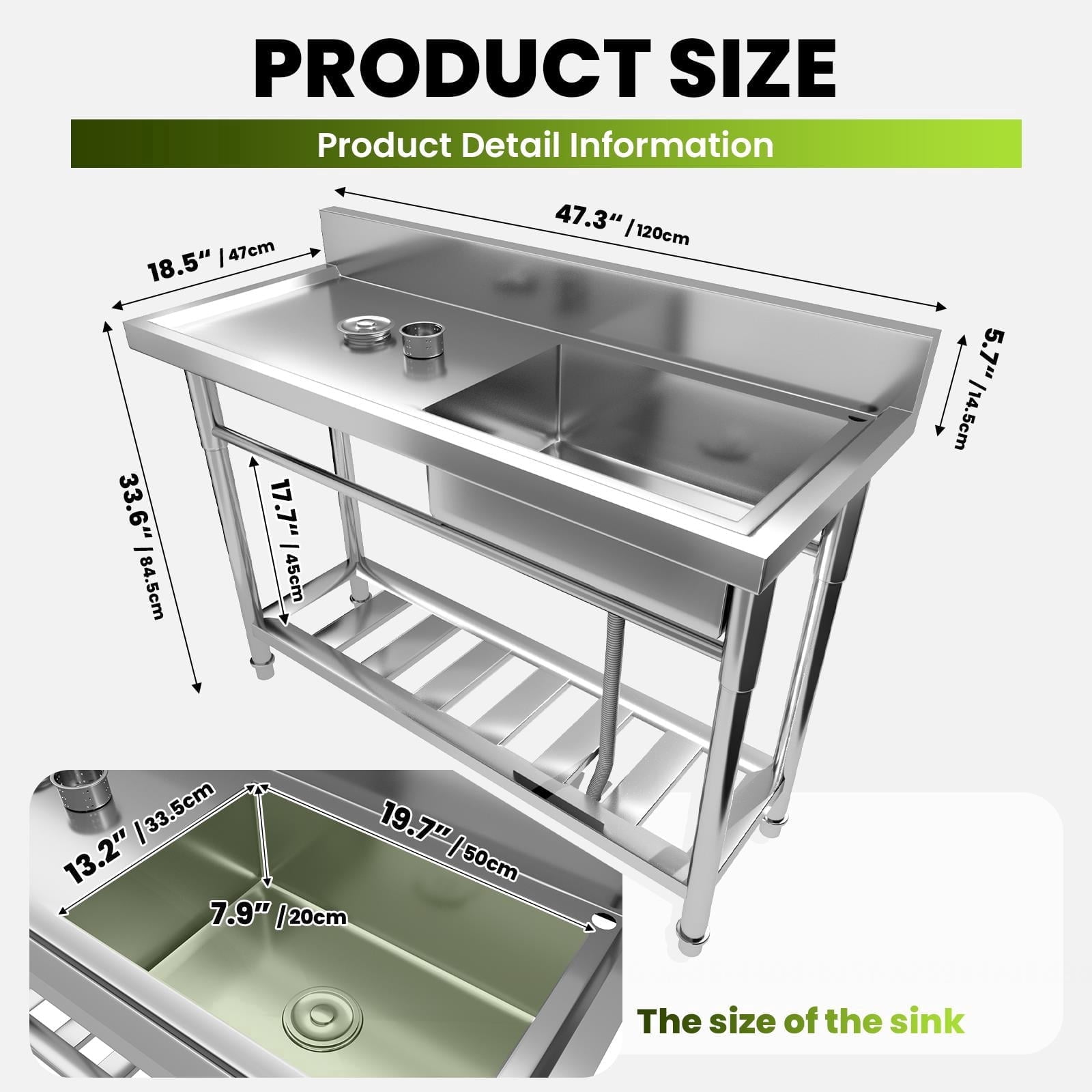 Stainless Steel Commercial Sink, Freestanding Single High Capacity Utility Sinks, with Pull-Out Faucet & Storage Shelf, for Kitchen, Laundry Room, Garage, Outdoor Garden – 47.3" x 18.5" x 33.6"