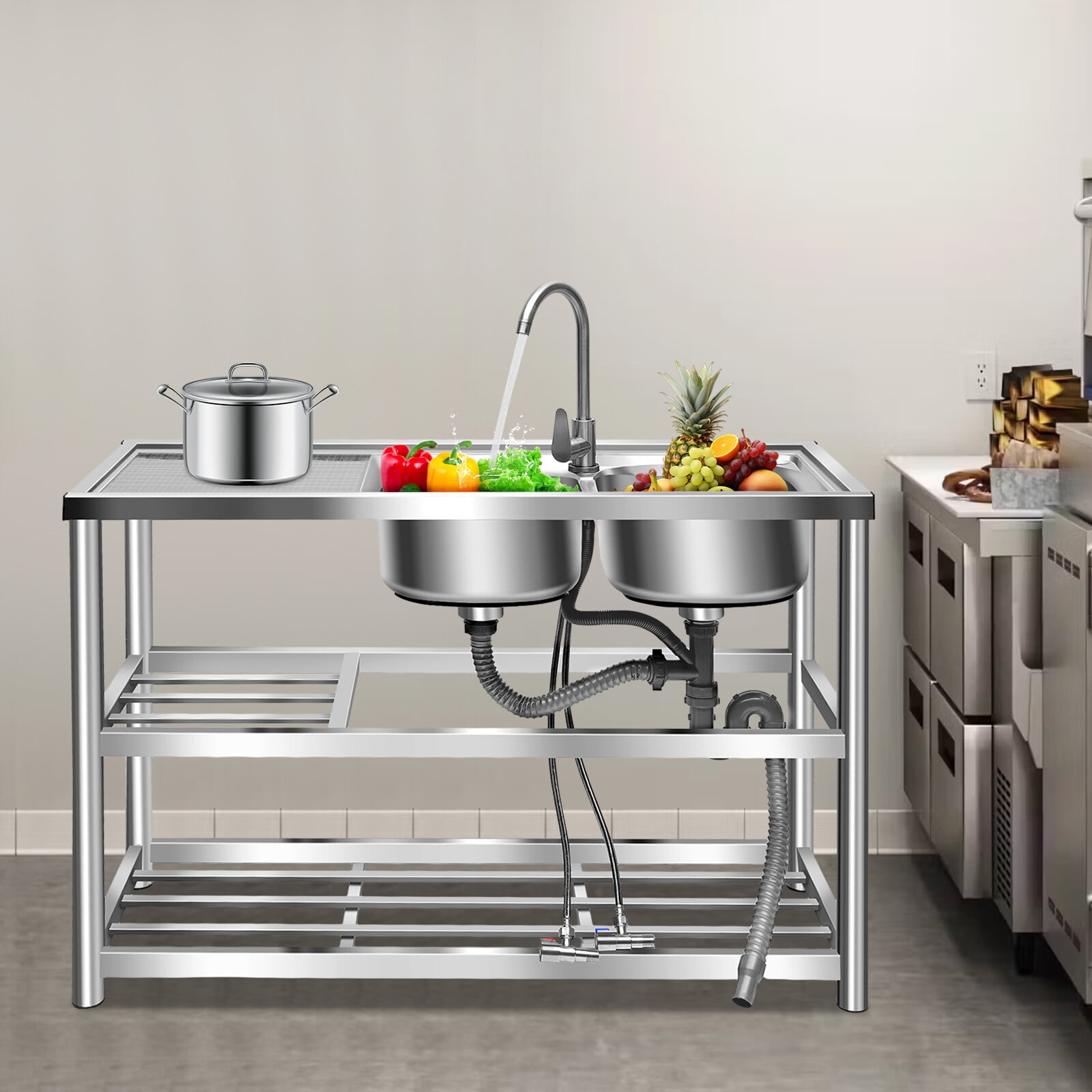 Stainless Steel Commercial Sink Kitchen Utility Sink with 2 Compartments + Prep Table