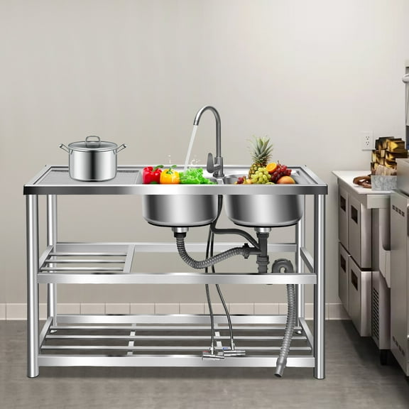 Stainless Steel Commercial Sink Kitchen Utility Sink with 2 Compartments + Prep Table
