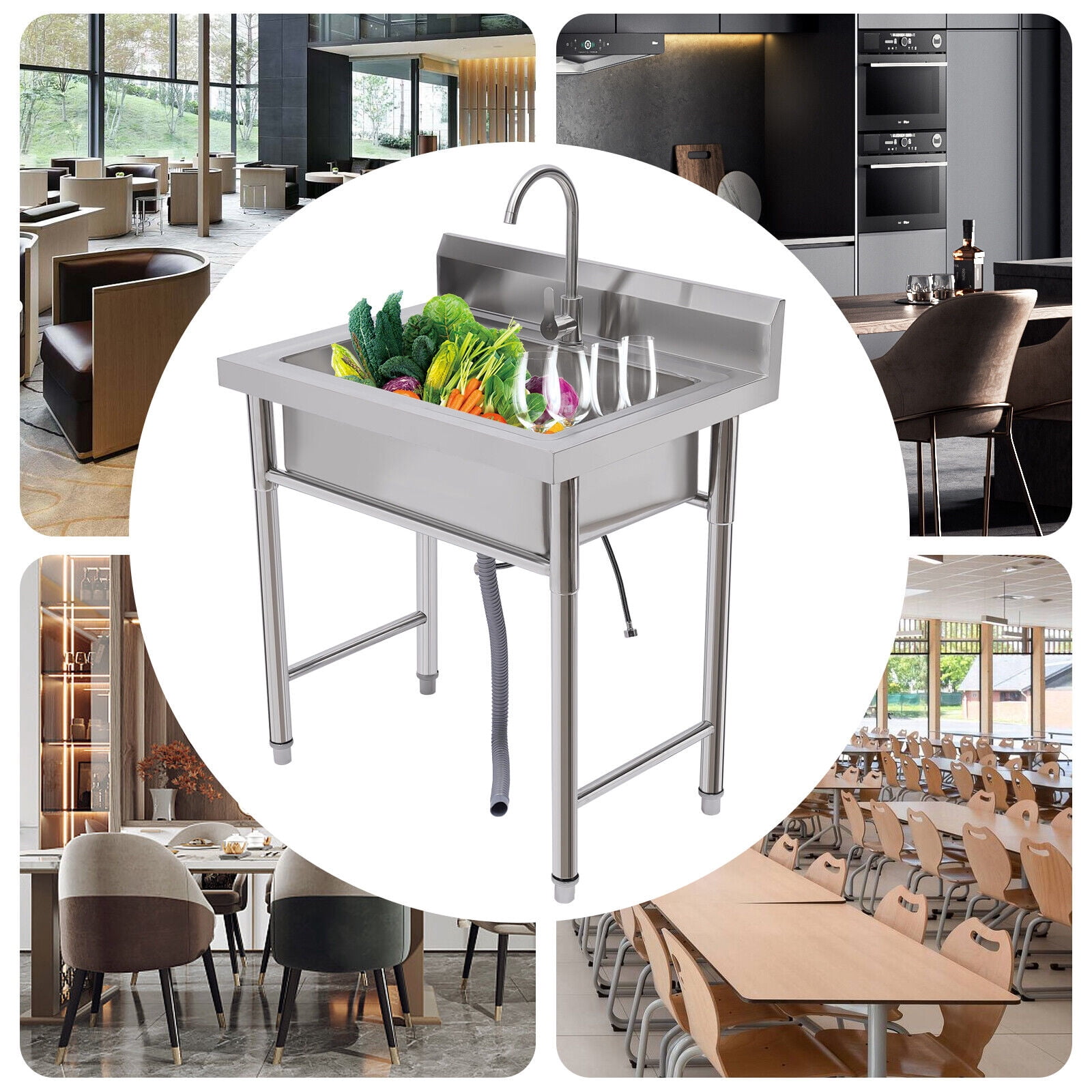 Stainless Steel Commercial Sink with Single Compartment, Kitchen Sink Station with Deep Basin Bowl Size 80*60*93cm, Utility Sink for Home Laundry Room Garage Bar Restaurant
