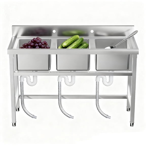 Stainless Steel Commercial Utility Sink, 3 Compartment Freestanding Utility Sink, Commercial Sink with Strainer for Restaurant, Garage & Outdoor Use