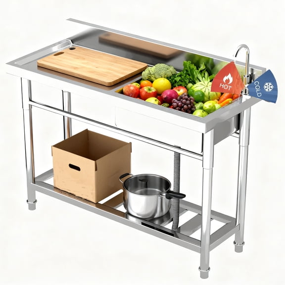 Stainless Steel Commercial Utility Sink ,304 Stainless Steel Freestanding Single Bowl Utility Sink with Storage Shelf for Kitchen Laundry Room Garage Outdoor Garden