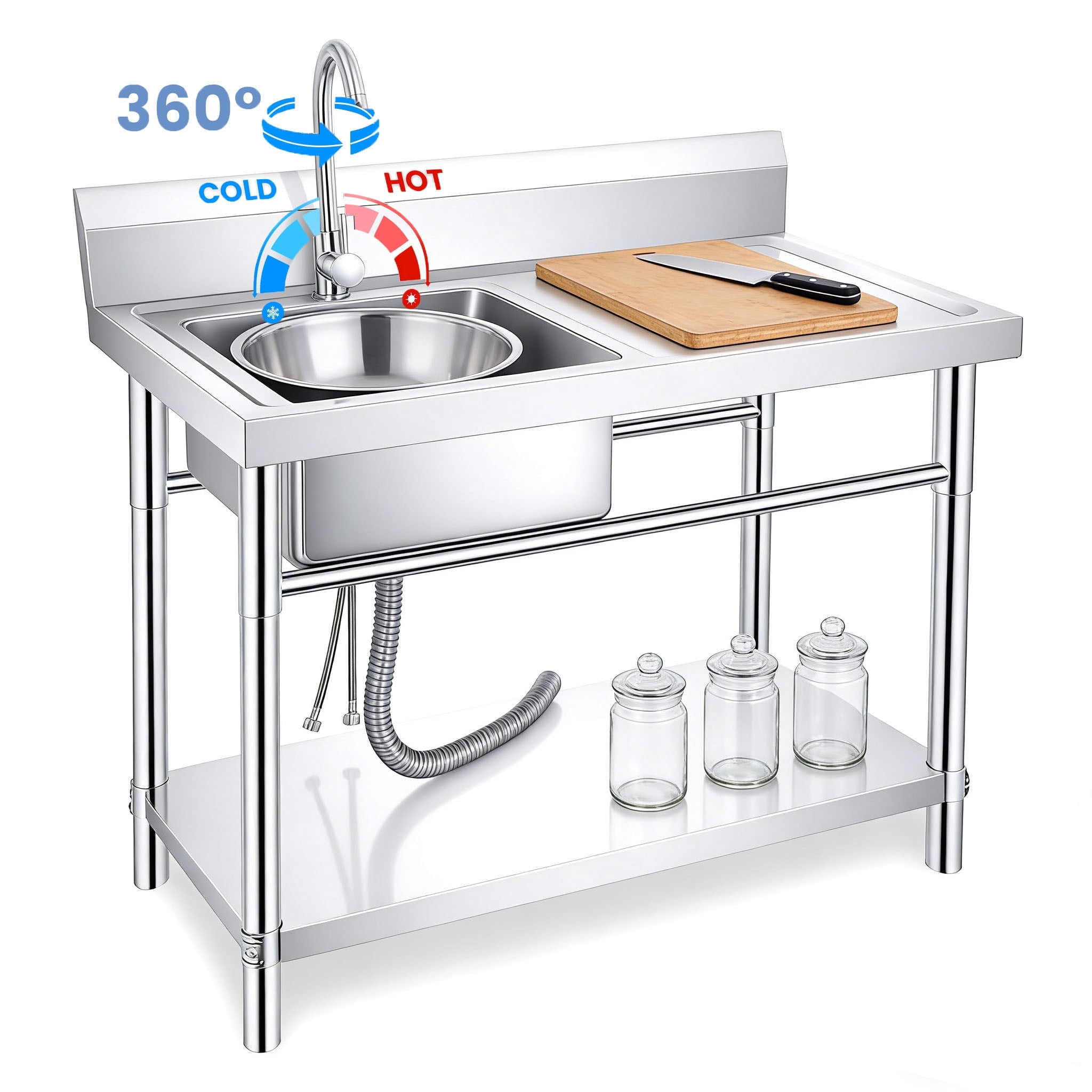 Stainless Steel Commercial Utility Sink with Cold & Hot Water Faucet, Heavy Duty Free Standing Sink, Outdoor Freestanding Kitchen Sink for Food Truck & Stall