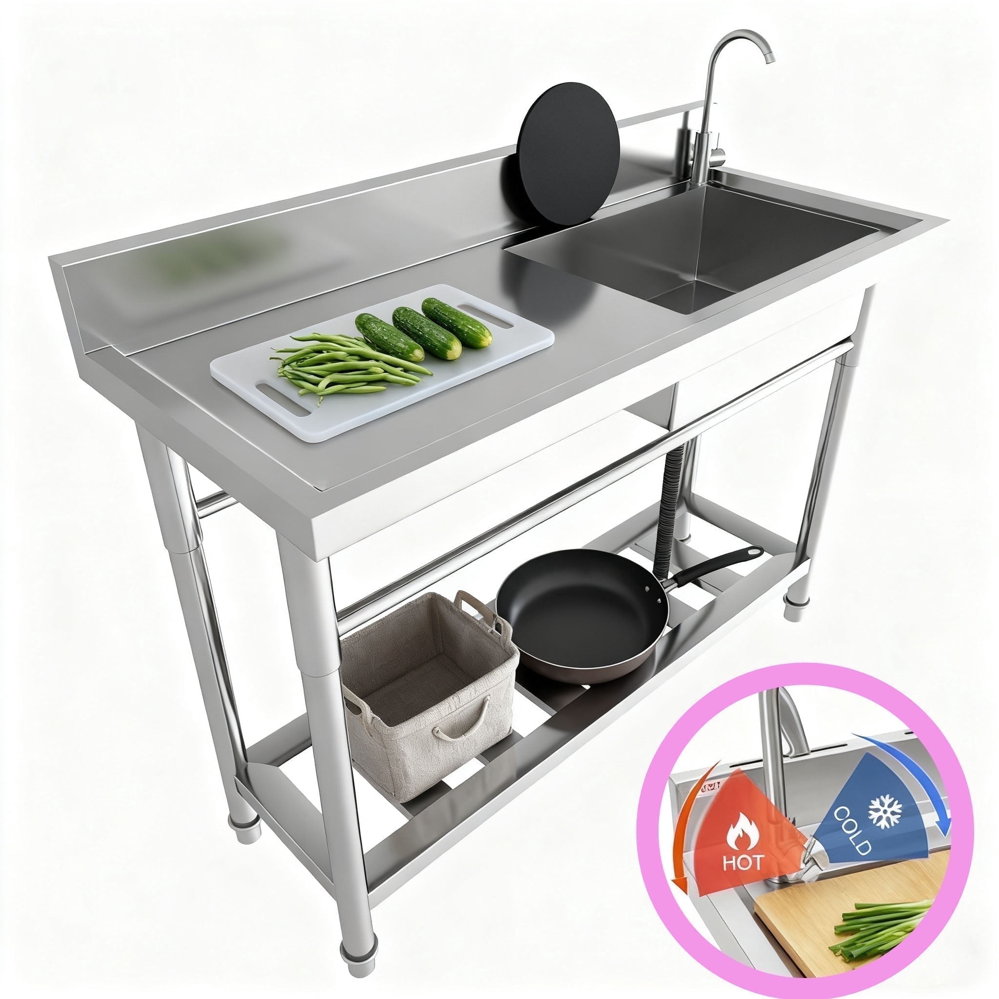 Stainless Steel Commercial Utility Sink with Cold and Hot Water Pipe and Faucet, 47.3x18.5x33.6Inch Outdoor Freestanding Kitchen Sink, Utility Sink for Patio Grill Area