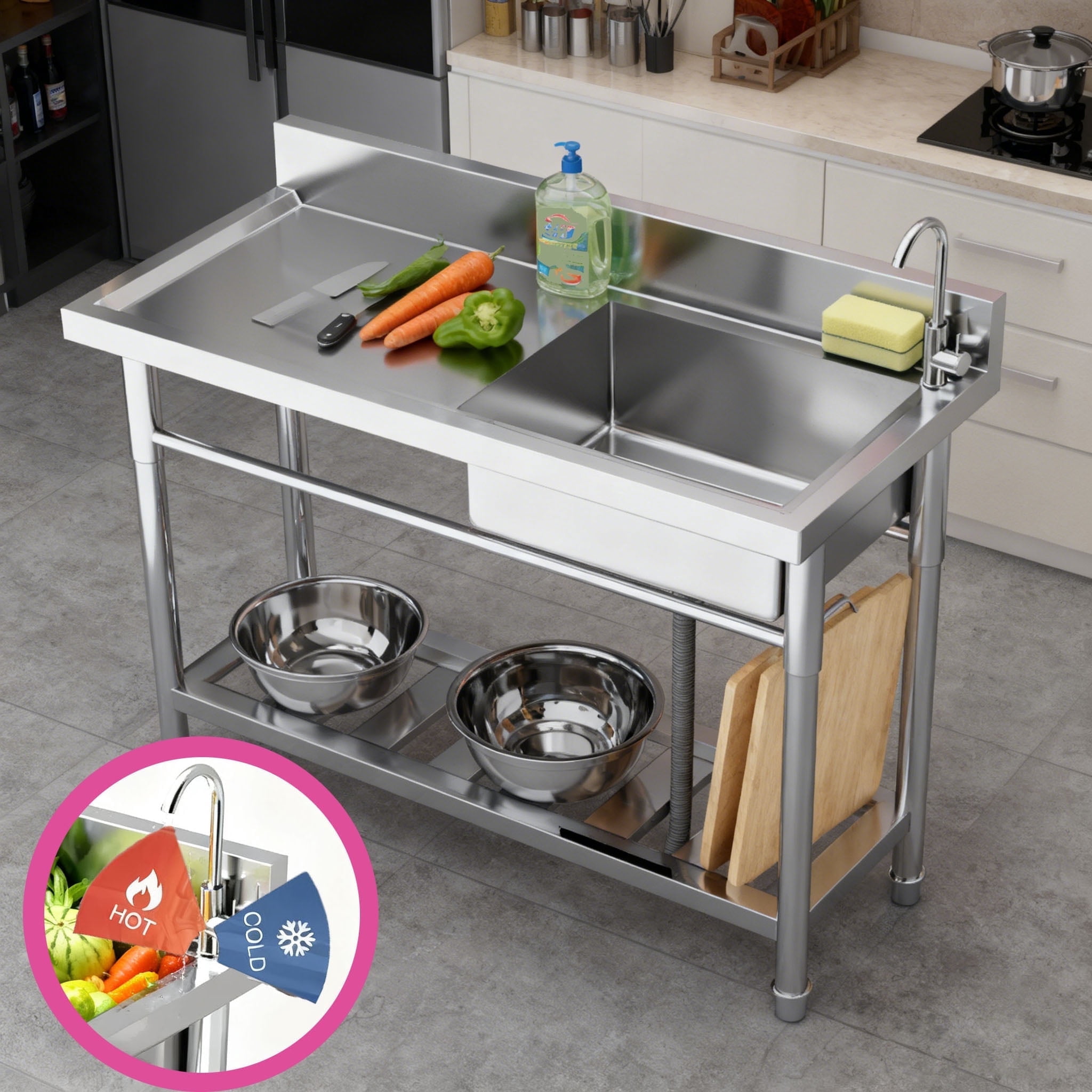 Stainless Steel Commercial Utility Sink, Kitchen Sink with Cold and Hot Water Pipe and Faucet, Freestanding Utility Sink with Workbench for Garage Laundry