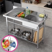 Stainless Steel Commercial Utility Sink, Kitchen Sink with Cold and Hot Water Pipe and Faucet, Freestanding Utility Sink with Workbench for Garage Laundry