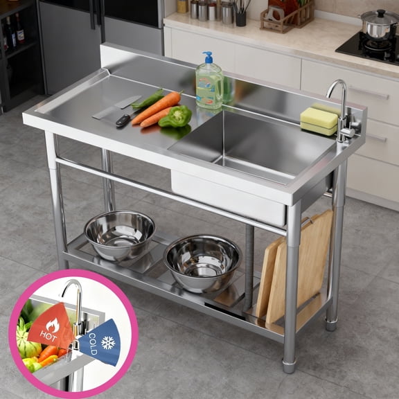 Stainless Steel Commercial Utility Sink, Kitchen Sink with Cold and Hot Water Pipe and Faucet, Freestanding Utility Sink with Workbench for Garage Laundry