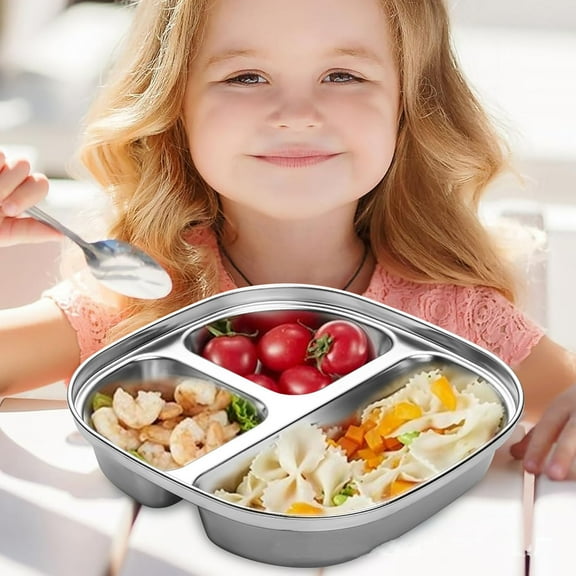 Stainless Steel Compartment Plate, 304 Food Grade Divided Dinner Plate, 4 Section Kids Lunch Tray, Stackable Non Toxic Toddler Plate, Durable Unbreakable Dinnerware For Children And Adults