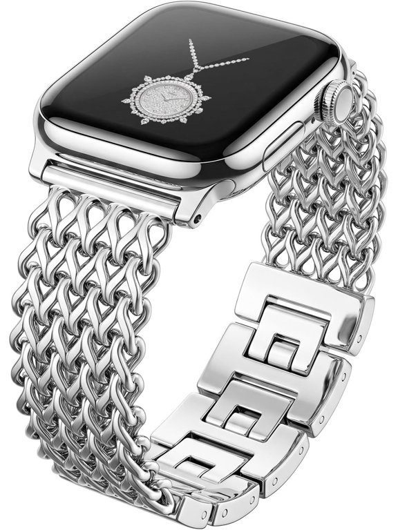 Stainless Steel Compatible with Apple Watch Band for Women, Silver Chain Bracelet Band for iwatch Series, Adjustable Removable Links, No Extra Tool Needed, Dressy Gift for Her
