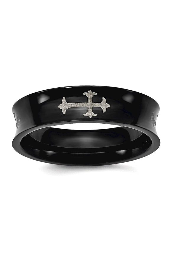 Stainless Steel Concave Polished Religious Faith Crosses and Black Plated 6mm Band Ring Size 7.5 Ring for Women and Men