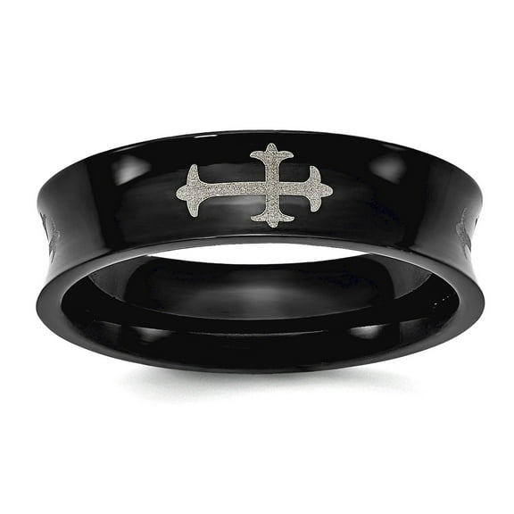 Stainless Steel Concave Polished Religious Faith Crosses and Black Plated 6mm Band Ring Size 9 Ring for Women and Men
