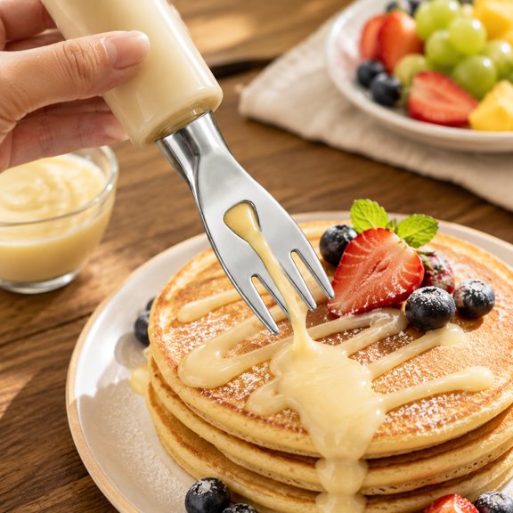 Stainless Steel Condensed Milk Dispenser Fork with Drizzle Feature, Topping Spreader Tool for Pancakes, Waffles, Desserts, Bread, Kitchen Use