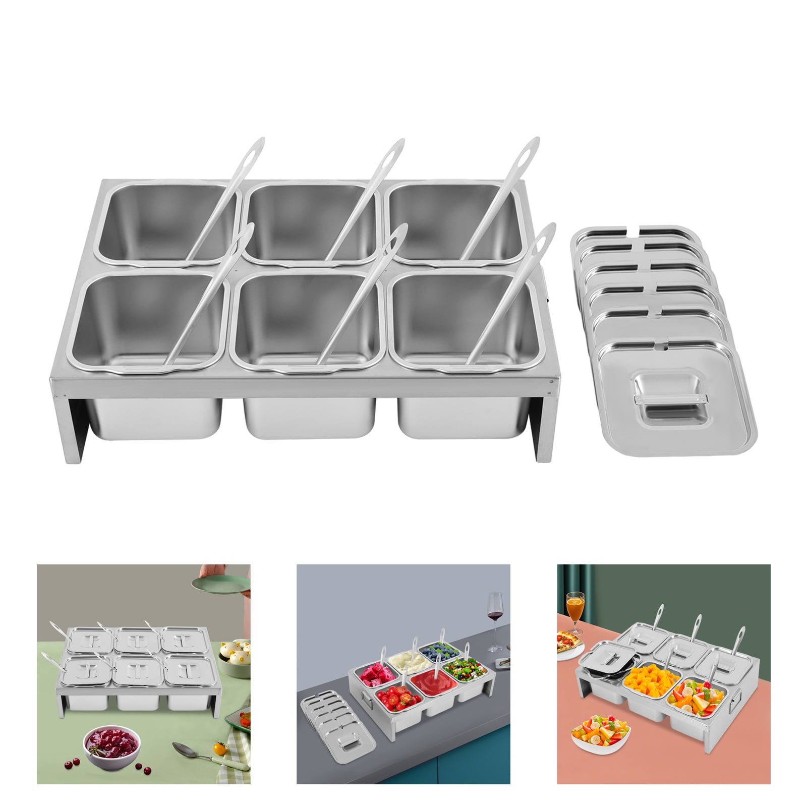 Topping Prep Containers Stainless Steel Condiment Containers, 6 Compartment Pizza Topping ...