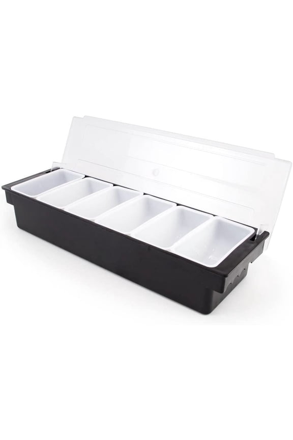 Stainless Steel Condiment Dispenser with 6 Plastic Tray Compartments and Clear Lid: Perfect for Bars, Ice Cream Shops, and Coffee Buffets - Easy to Use Garnish Server Station