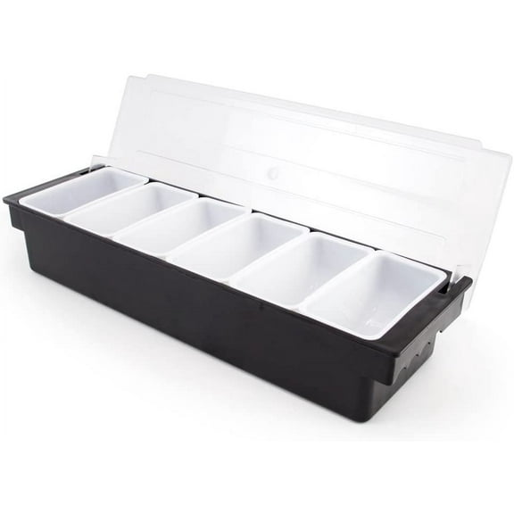 Stainless Steel Condiment Dispenser with 6 Plastic Tray Compartments and Clear Lid: Perfect for Bars, Ice Cream Shops, and Coffee Buffets - Easy to Use Garnish Server Station