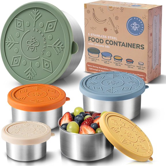 - Stainless Steel Containers with Lids - Set of 5, Muted Collection - Leakproof Stainless Steel Food Containers - Nesting Snack Holders - Metal Lunch Box - Portable & Reusable Meal Kit