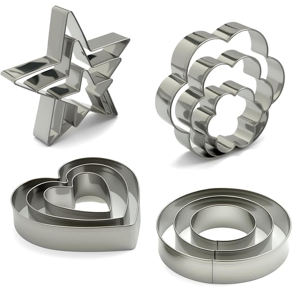 Stainless Steel Cookie Cutters Set 12Pcs - Heart, Flower, Round, Five Star Shapes - Small to Mini Size, Metal Biscuit Cutter Molds for Baking or Holiday Party Decorations