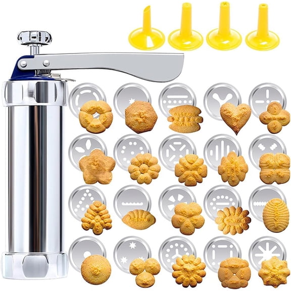 Stainless Steel Cookie Press Gun Baking Kit with 20 Shape Discs & 4 Icing Nozzle Tips, Reusable DIY Spritz Biscuit Maker Decorating Tool, Easy Clean Home Holiday Party Homemade Treat Baking Supplies